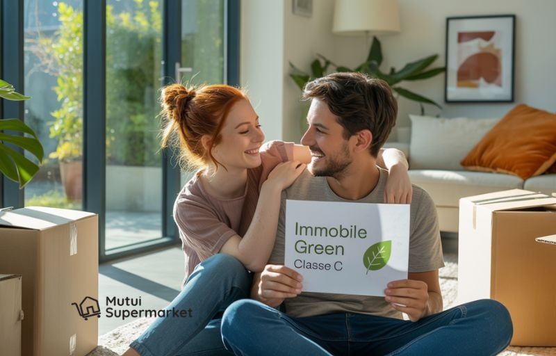 Coppia felice in nuova casa con scatoloni e certificazione energetica APE, simbolo di mutuo green BPER.